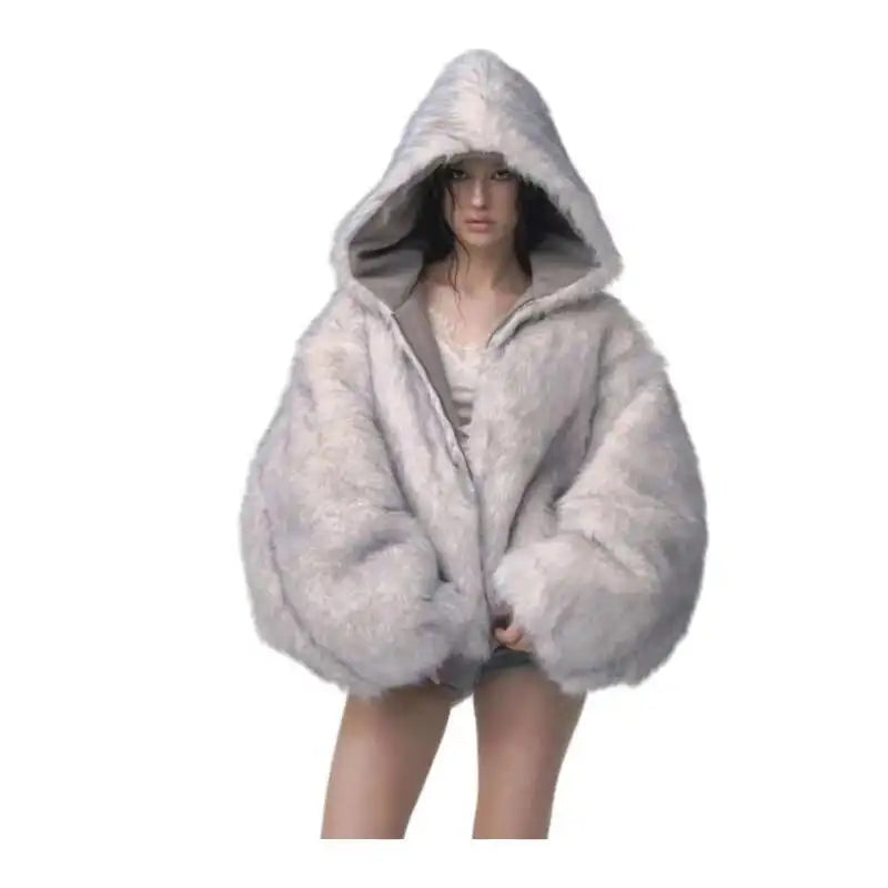 Winter American Retro Fur Coat Women Padded Hooded Cotton-Padded Jacket Plush Casual Street Gothic Harajuku Oversize Coat