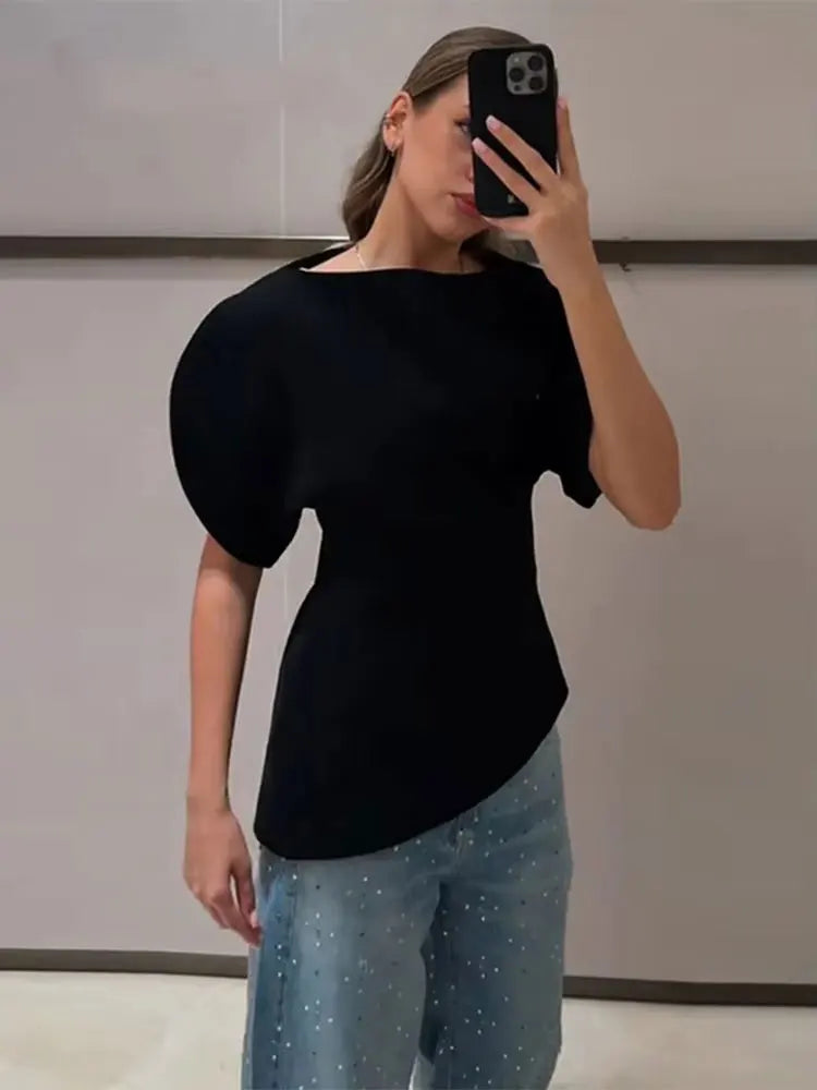 HH Women Vintage Black Short Puff Sleeve Shirts O Neck Asymmetrical Hem Blouse 2026 Spring Trend High Street Lady Chic Tops