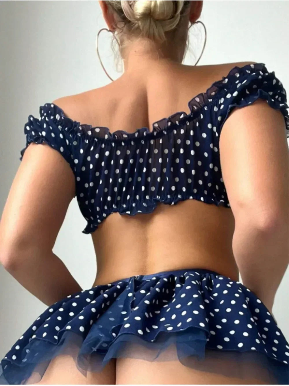 Women's Erotic  Short Skirt with Garter Straps Sexy Lingerie Women Sexy Polka Dot Off Shoulder Puffy Skirt Polka  Exotic Set