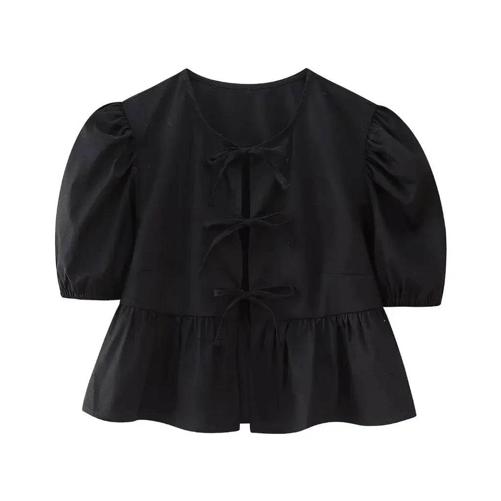 HH Fashion Solid Hollow Out Shirt Women Causal O Neck Short Sleeved Lace Up Tops Chic Female Casual Blouse Streetwear 2024