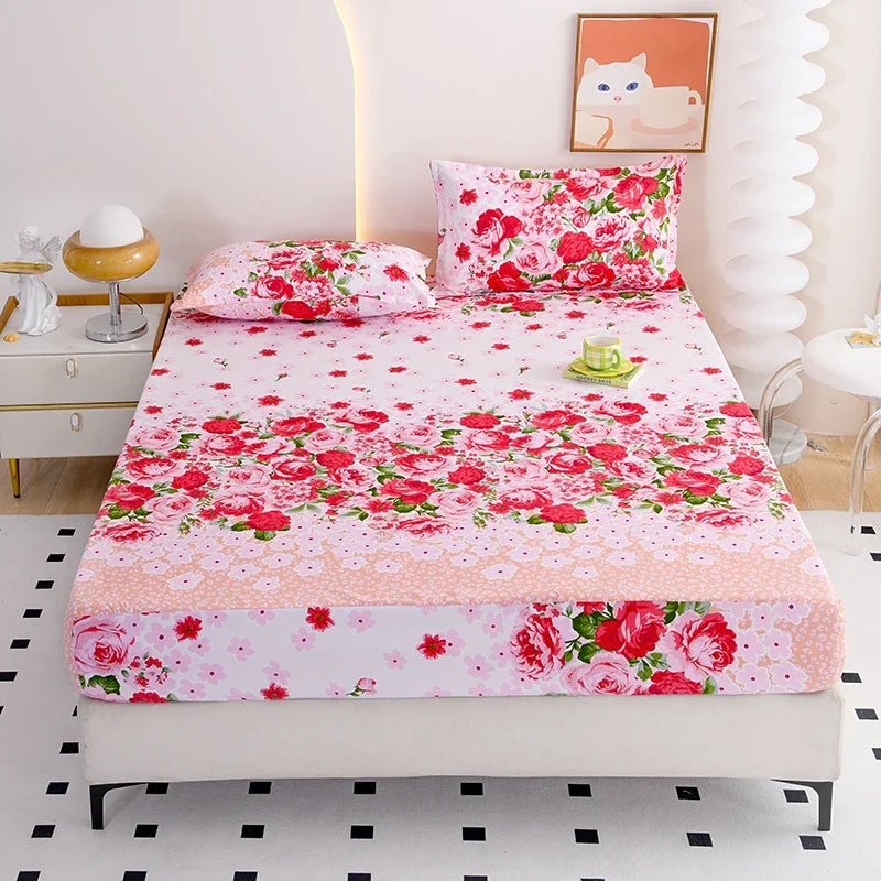 Red Flower Printed Bed Sheet Sets Queen/King Size sabanas cama matrimonial Reactive Printed Fitted Bedsheets for Double Bed
