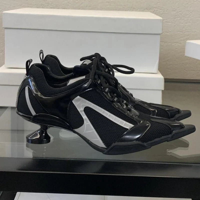 Silver Lace-up Sports Heels Women Fashions Pointed Toe Strange Style Mesh Sneakers Elegant Punk Shoes Female Luxury Brands Pumps