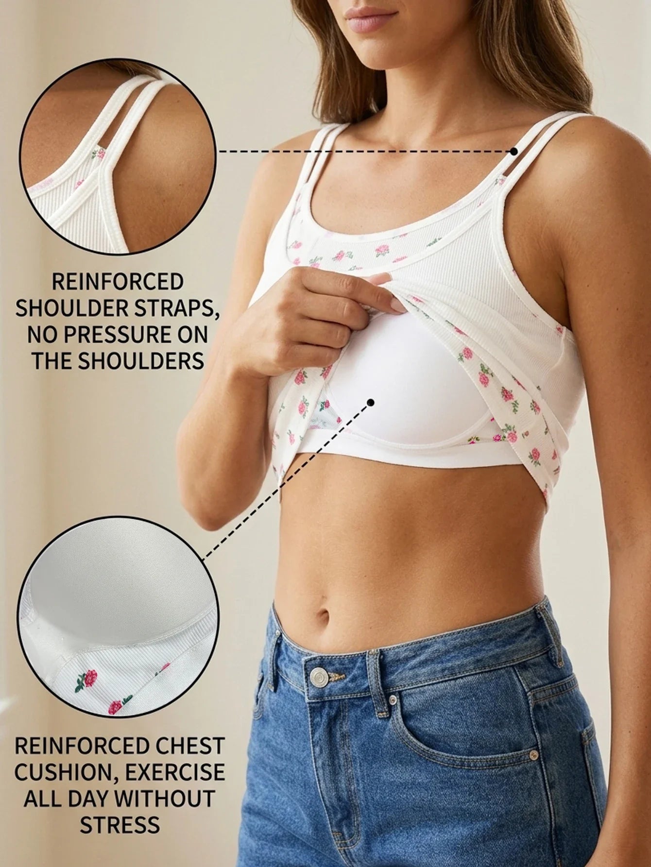 Women's Ribbed Cami Top with Floral Trim Built-in Bra Sleeveless Tank Top Fake Two-piece Slim Fit Casual Ladies Underwear