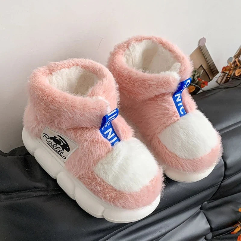 2025 Women's Winter Warm Shoes Plush Lining Indoor Slippers Couples Platform Heel High Top Snow Boots Female Male Home Slipper