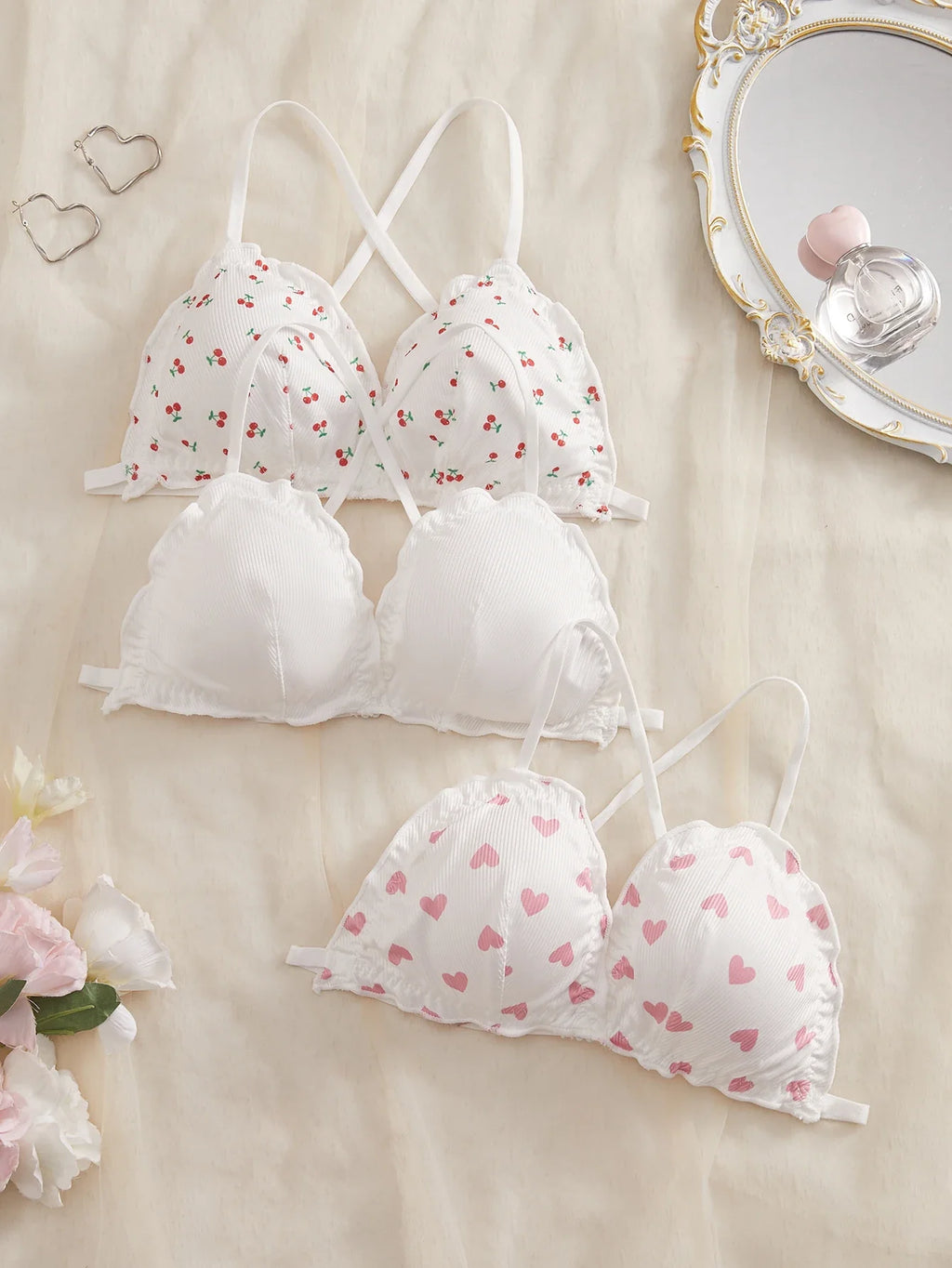 3Pcs/Set Wireless Women's Underwear Set Crisscross Back Unlined Bralette Light & Thin Japan style Lingerie Set XS-L