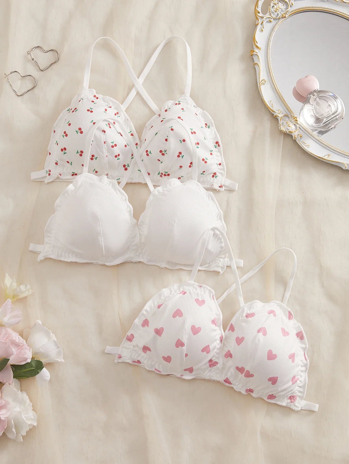 3Pcs/Set Wireless Women's Underwear Set Crisscross Back Unlined Bralette Light & Thin Japan style Lingerie Set XS-L