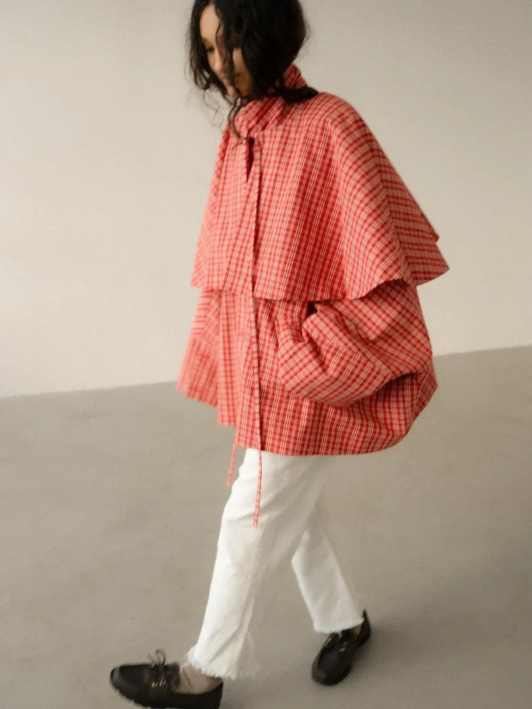 Women ﻿casual Checkered Windbreaker Long Sleeved Single Breasted Stand Up Collar Lady Coats 2026 Spring Daily Commuting Jackets