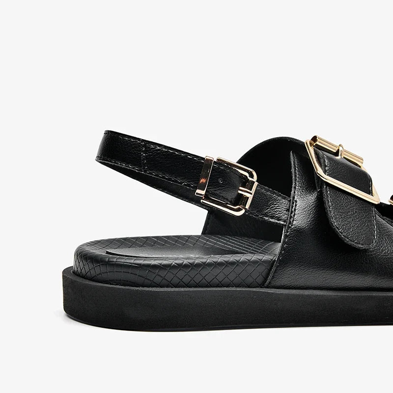 BeauToday Casual Sandals Women Genuine Leather Metal Ankle Buckle Strap Summer Beach Ladies Low Heel Sport Shoes Handmade 38128