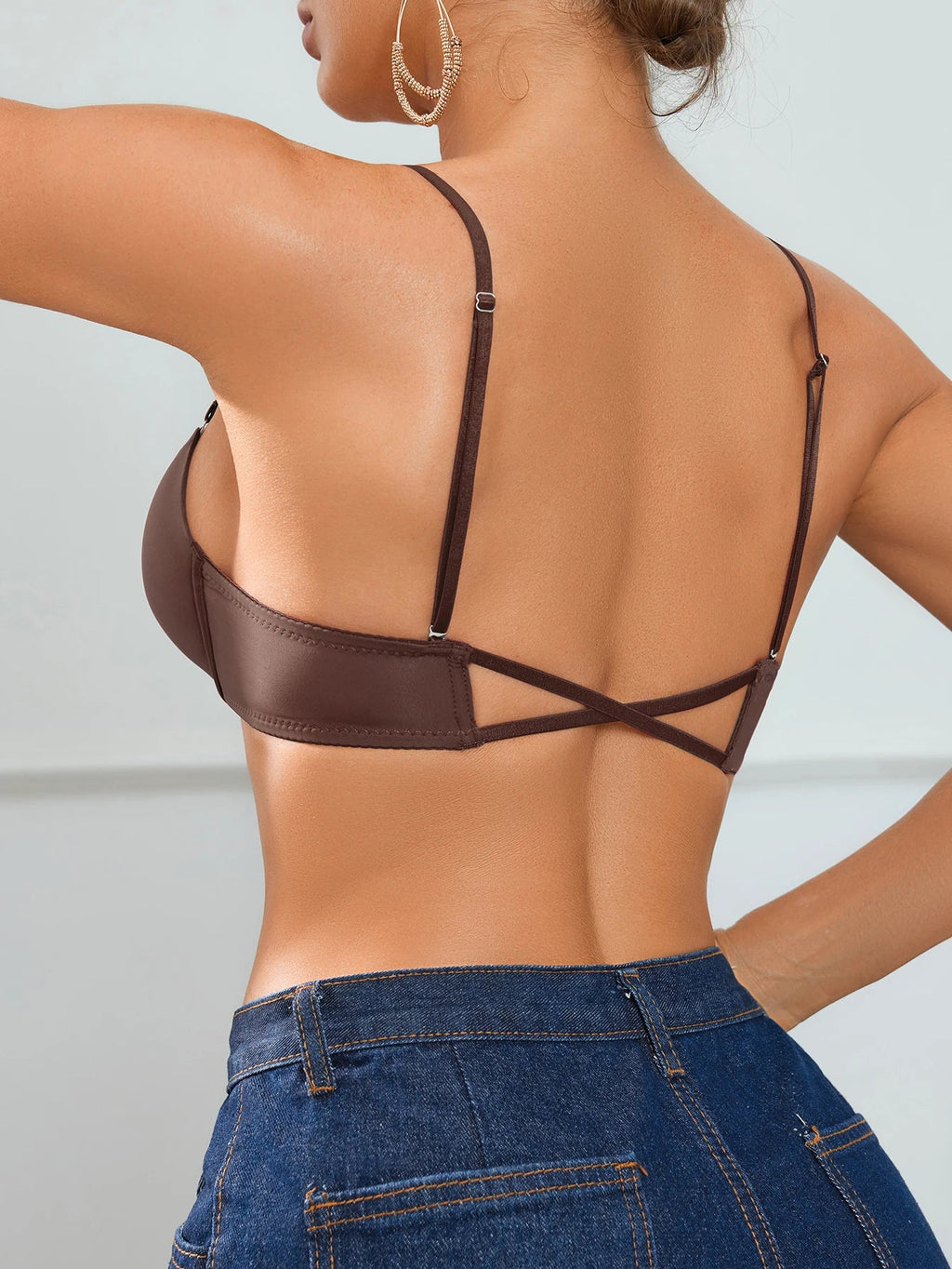 Single-Piece Everyday Solid Color Simple Bra Front-Clasp Knitted Push up Bra Sexy Cross-Strap Decorative Back Design Women's Bra