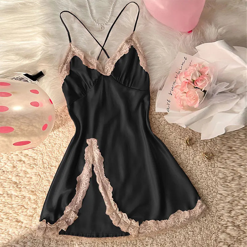 Ice Silk Thin Style Halter Nightdress Women's Lace  Homewear Sexy Pajamas Solid Lenceria Mujer Silk Satin Suspender Dresses