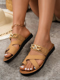 Ladies Fashion Sandals Gold Chain Decoration Comfortable Slip On Flat Bottom Slippers Women's Footbed Casual Summer Shoes