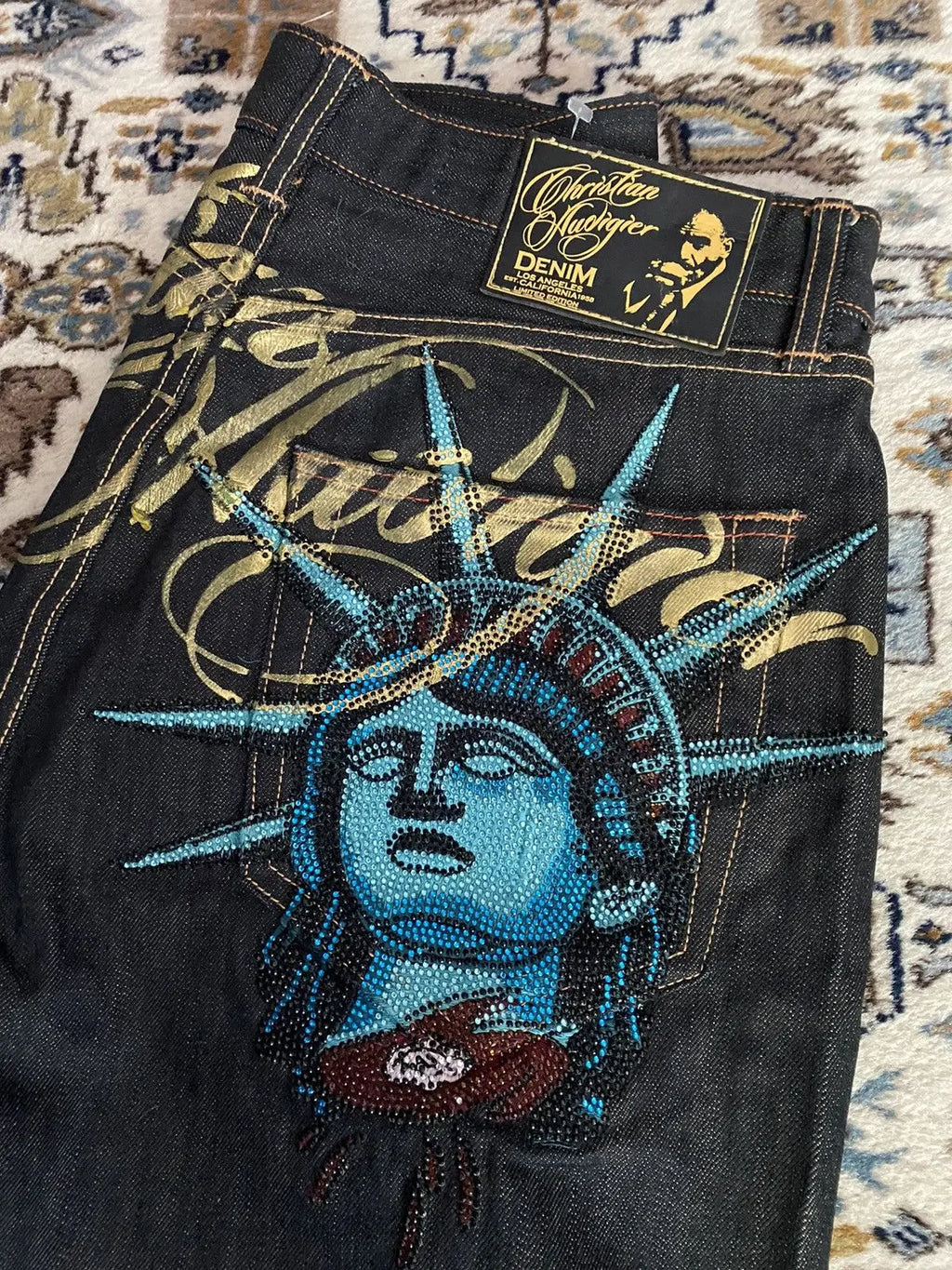Vintage Statue of liberty Diamonds Jeans Casual Denim Pants High Waist Straight Wide Leg Jeans Harajuku Y2k 2000s Women Clothing