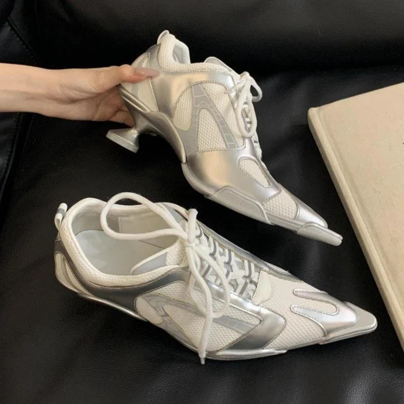 Silver Lace-up Sports Heels Women Fashions Pointed Toe Strange Style Mesh Sneakers Elegant Punk Shoes Female Luxury Brands Pumps