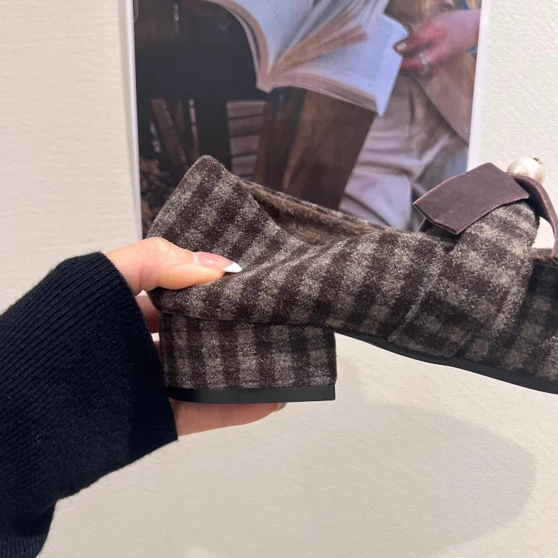 Elegant Chunky Heel Mary Jane Shoe for Women Bowknot Pearls Decoration Plaid Print Design Autumn Pumps Fashion Party Dress Heels