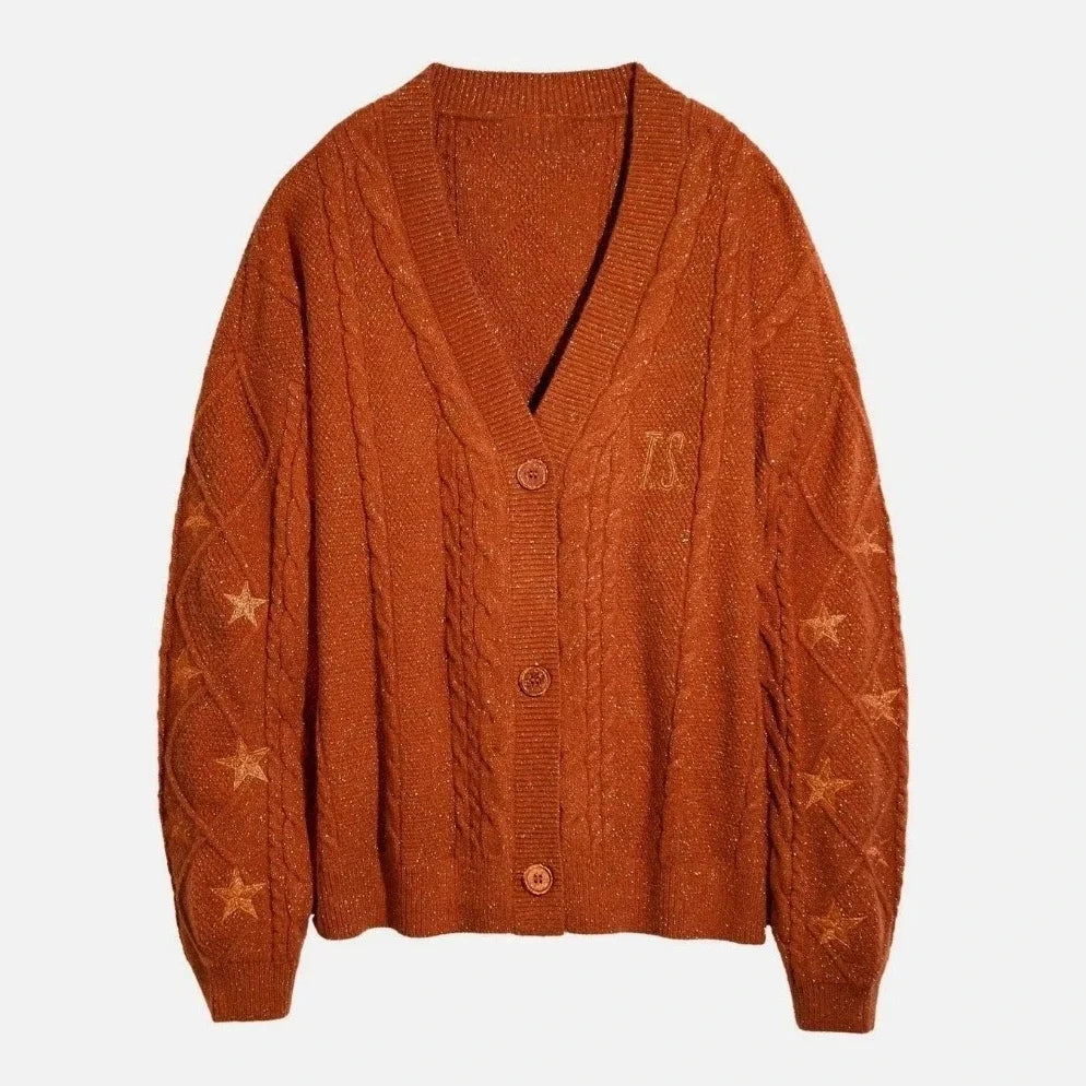 Glittery TS Cardigan Women Orange Chunky Knit Sweater with Star Embroidery Gold Thread Showgirl Cardigan Tay Cardi TLOAS