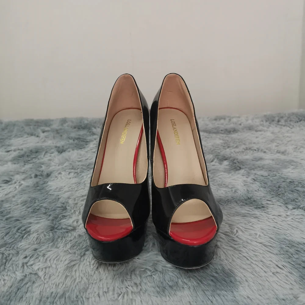 Women Pumps Sexy Platform Peep Toe 14cm Extremely Thin High Heels Stiletto Patent Leather Fashion Party Nighclub Wedding Shoes