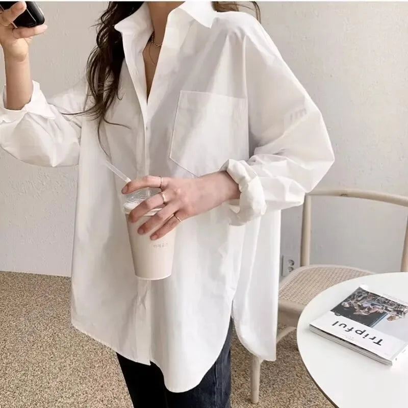 White long-sleeved shirt women loose everything with the new autumn Korean version of the design sense of minority top