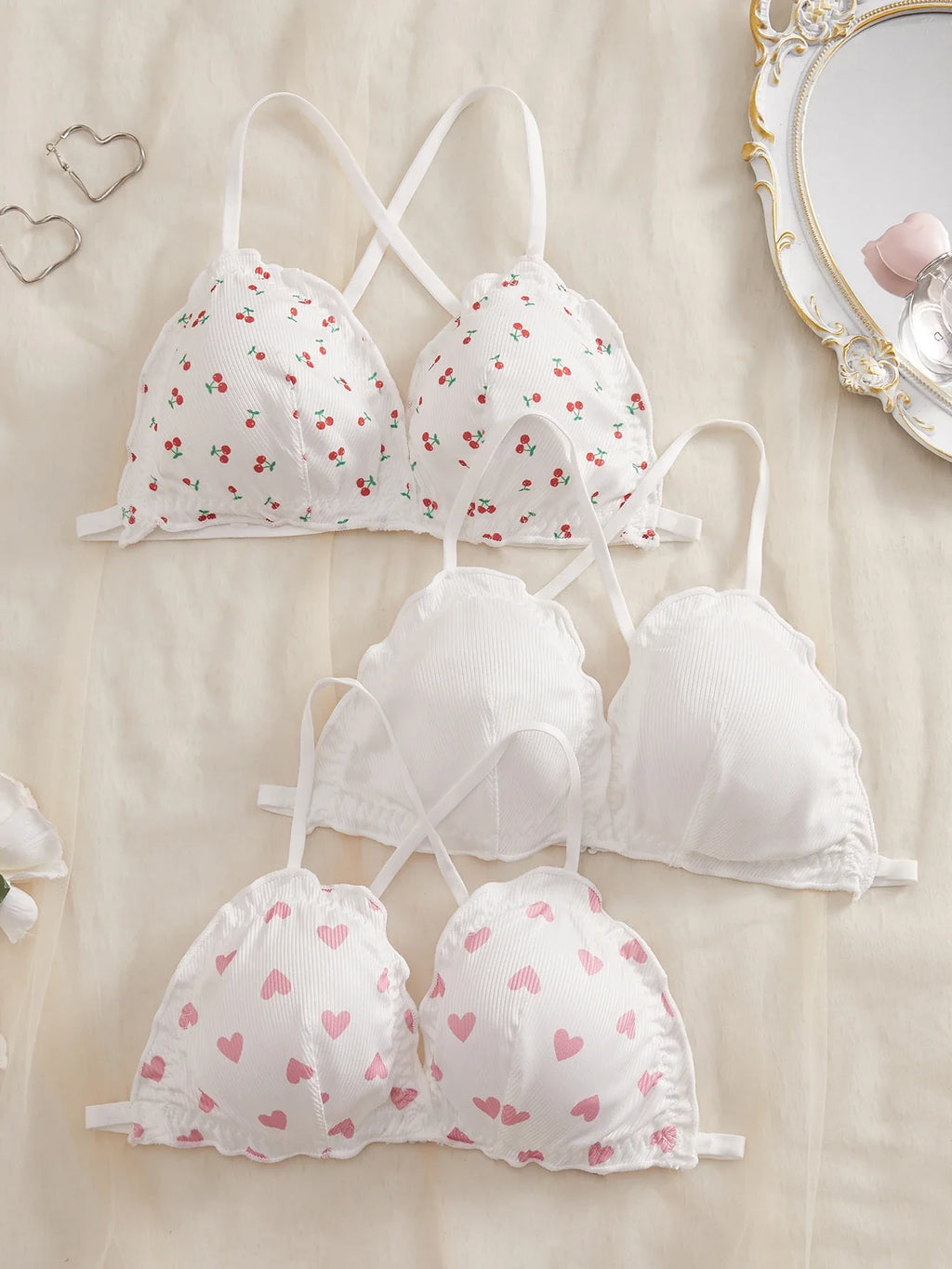 3Pcs/Set Wireless Women's Underwear Set Crisscross Back Unlined Bralette Light & Thin Japan style Lingerie Set XS-L