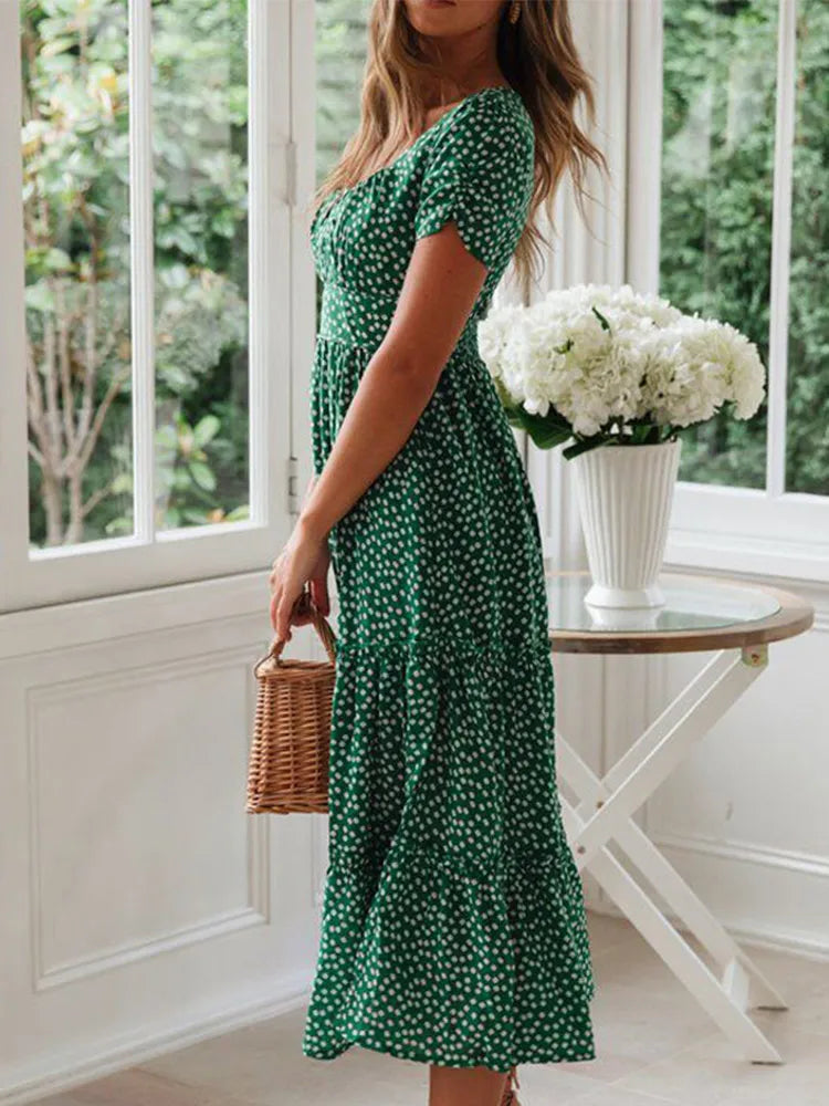 Vestidos Vintage Vintage Print Puff Sleeve summer Beach sweet dresses Casual Square collar floral maxi long dress festa