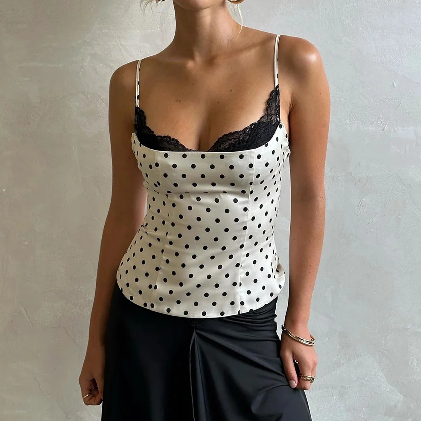 SUCHCUTE Chic Lace Patchwork Polka Dot Camis Tops Elegant Sleeveless Tank Tops Summer Casual Daily Wear Streetwear Camisole 2026