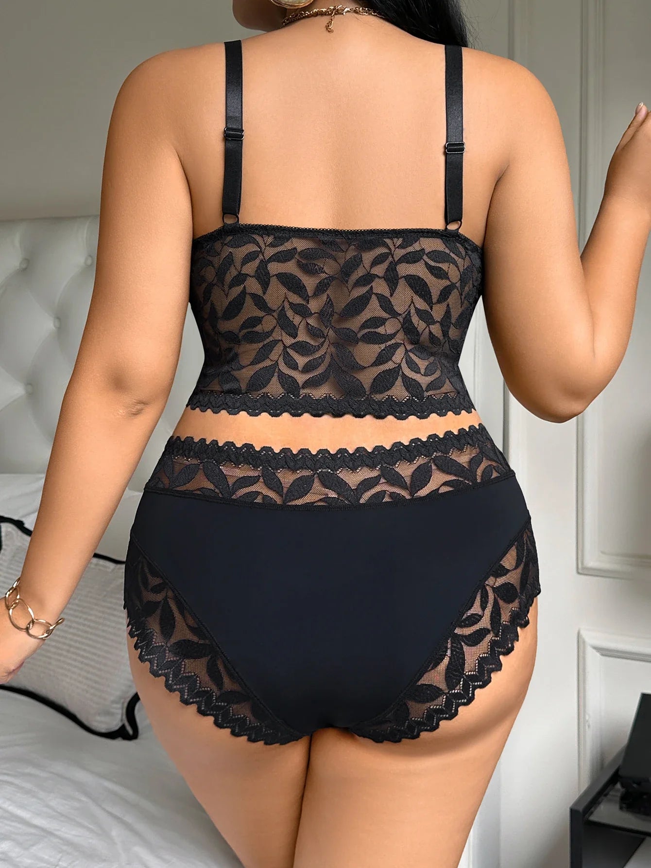 Women's Plus Size Sexy Lingerie Set Lace Floral Mesh Unlined Wireless Bra Breathable Sexy Lace Trim Panties 1Xl-4Xl