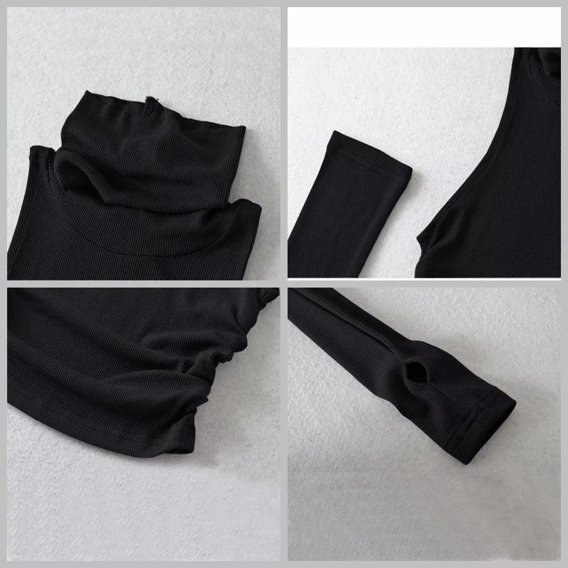 Woman Clothes Fall 2025 Tank Top Sleeve Cover Sleevless Side Pleats Turtleneck T-shirt  Sexy Ribbed Knitted Tops Y2k 2529