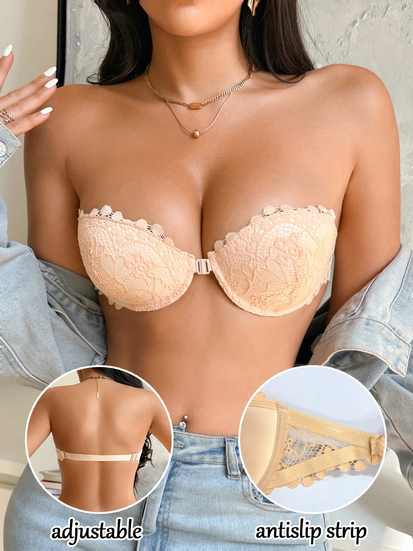 Lace Strapless Women Bra Sexy Front Clasp Push Up Bra Invisible Non-Slip Fashion Lace Bra Women