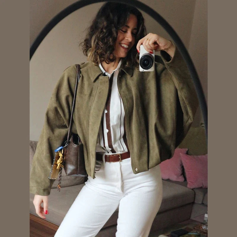 HXAO Women's Bomber Jacket Lapel Long Sleeve Zipper Suede Jacket Women 2025 High Street Cropped Racing Jackets Coats Outerwears