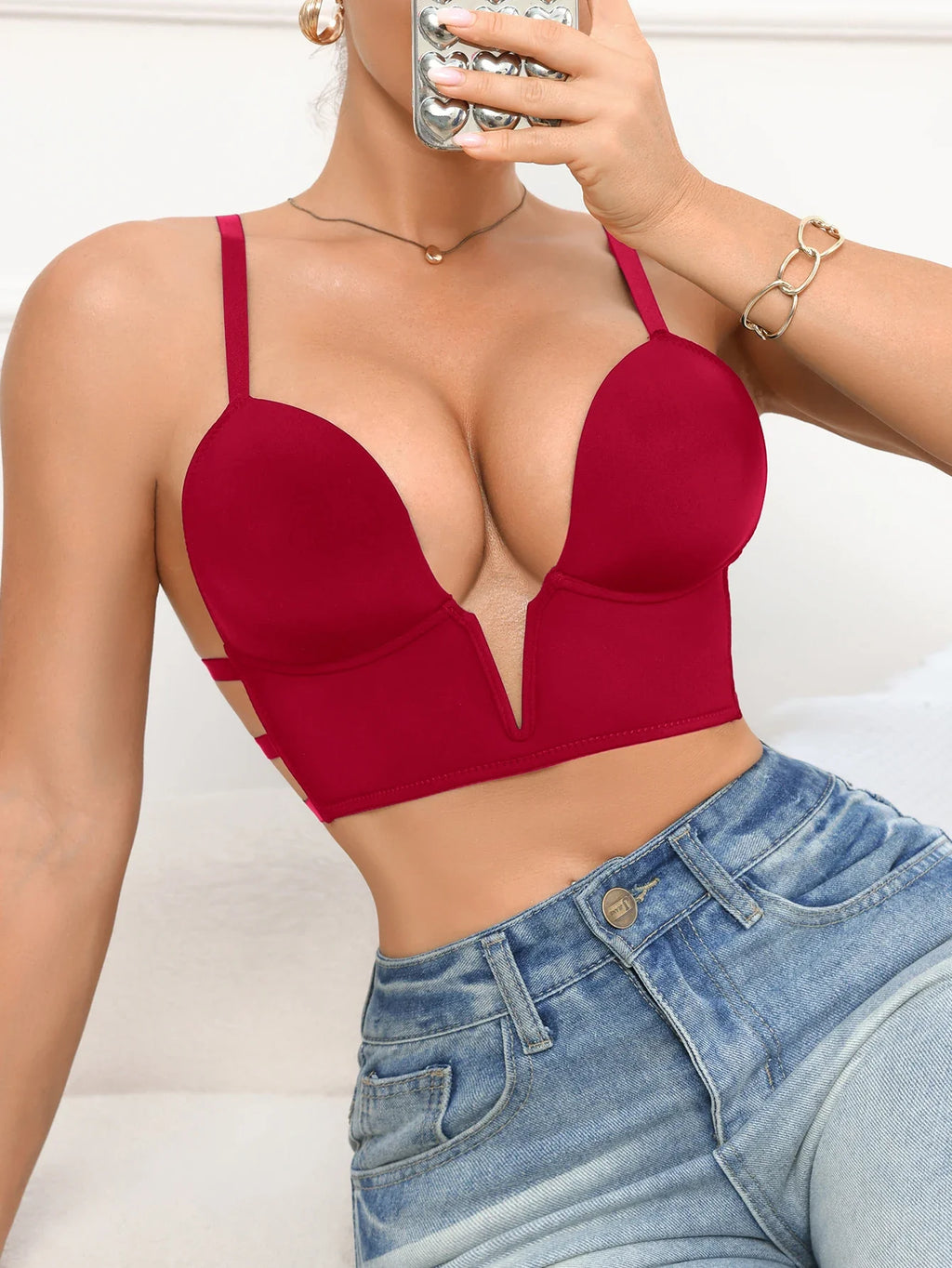 Women's Sexy Bra Deep V Plunge Bralette with Thin Crisscross Back Straps Ladies' Everyday Invisible Push up Bra for Dresses