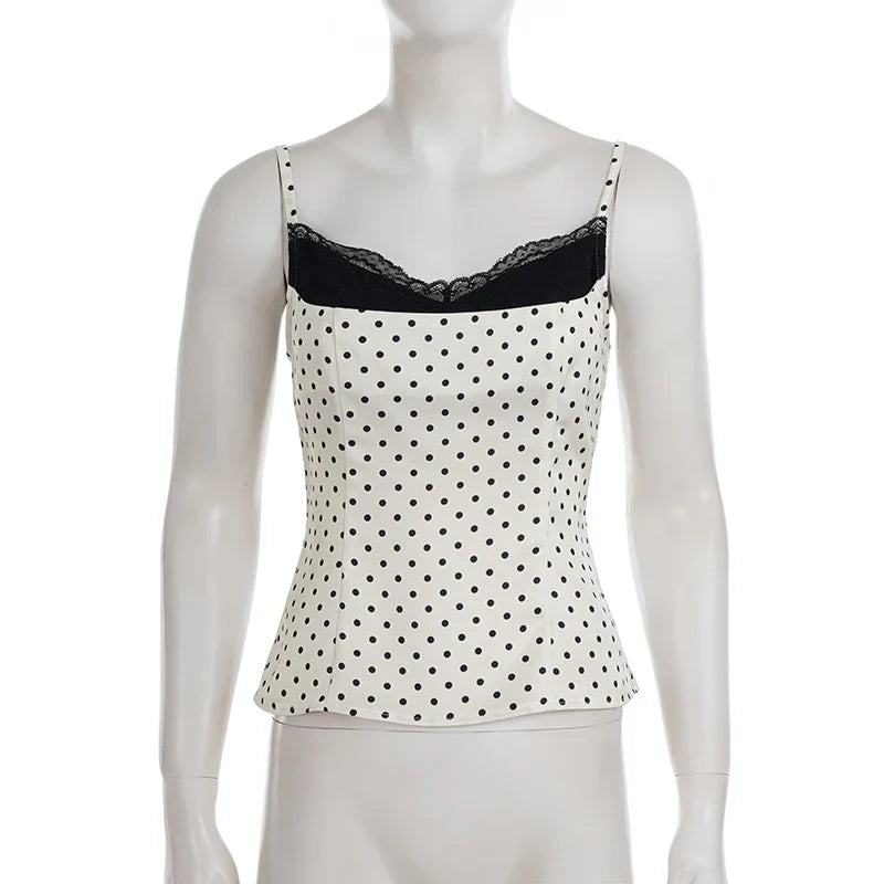 SUCHCUTE Chic Lace Patchwork Polka Dot Camis Tops Elegant Sleeveless Tank Tops Summer Casual Daily Wear Streetwear Camisole 2026