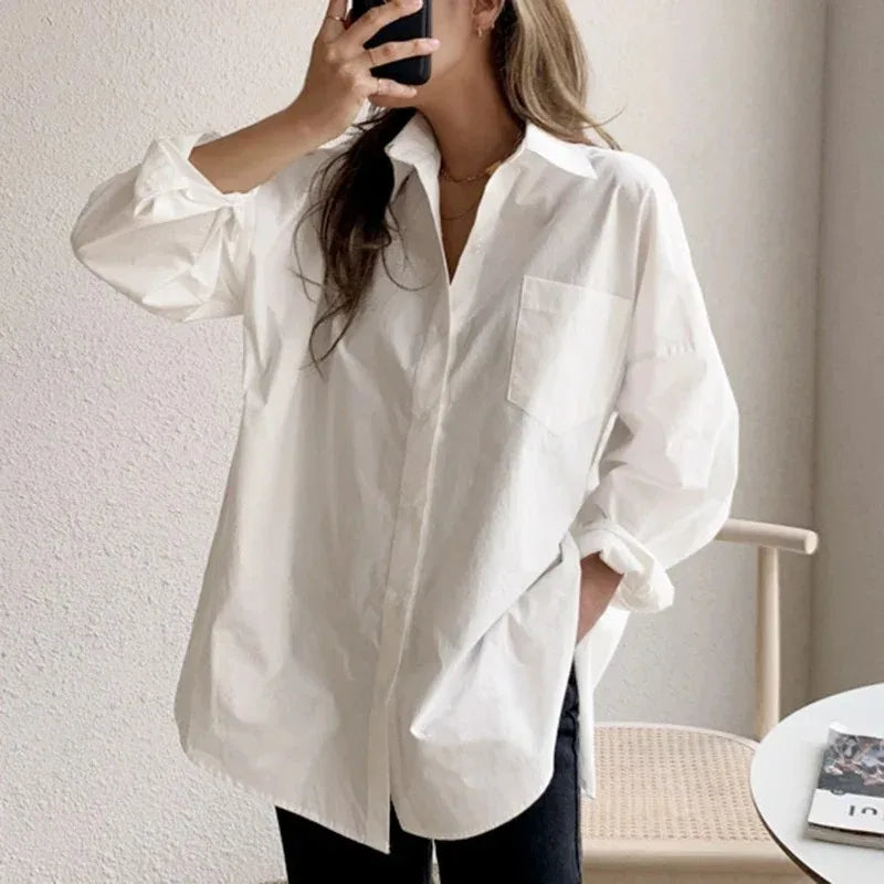 White long-sleeved shirt women loose everything with the new autumn Korean version of the design sense of minority top
