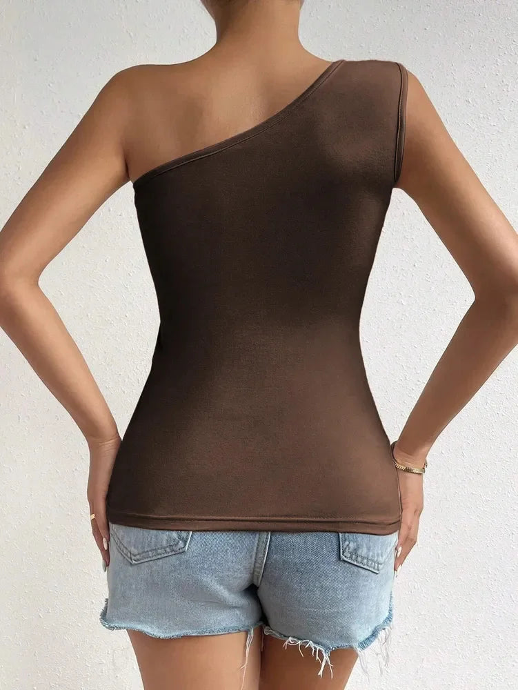 Women One Shoulder Pleated Tank Top Summer Solid Sleeveless Ruched T-shirt Streetwear Off the Shoulder Top