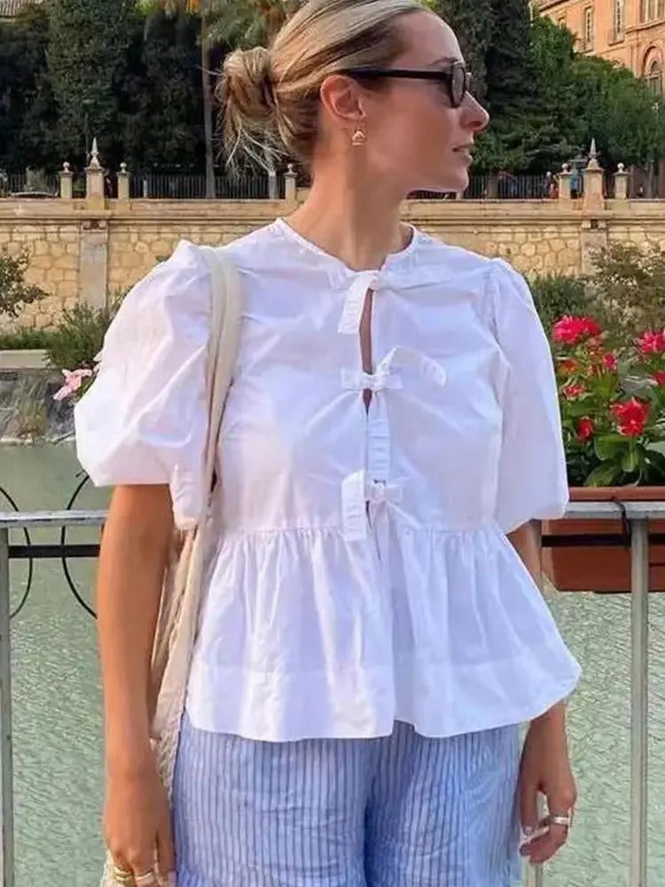 HH Fashion Solid Hollow Out Shirt Women Causal O Neck Short Sleeved Lace Up Tops Chic Female Casual Blouse Streetwear 2024