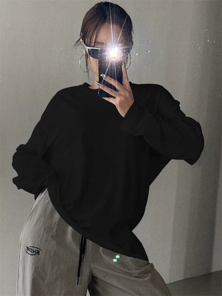 Women Basic Long Sleeve Loose O-neck T-shirt Autumn Winter Solid Color Tee Top Streetwear