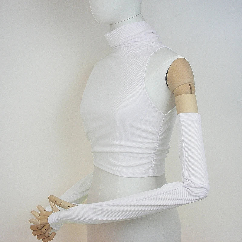 Woman Clothes Fall 2025 Tank Top Sleeve Cover Sleevless Side Pleats Turtleneck T-shirt  Sexy Ribbed Knitted Tops Y2k 2529