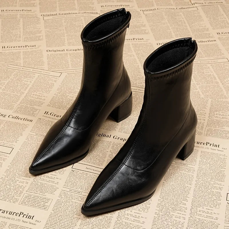 Fashion Vintage Thick Heels Women Slim Ankle Boots Autumn Winter Pointed Toe Stripper Party Short Booties Zapatos De Mujer