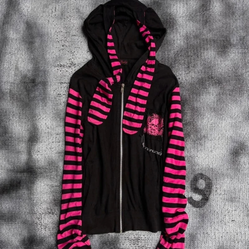 2026 Dark Pink Black Punk Skeleton Printed Striped Sleeve Hoodie Street Style Women's Zipper cardigan Wholesale