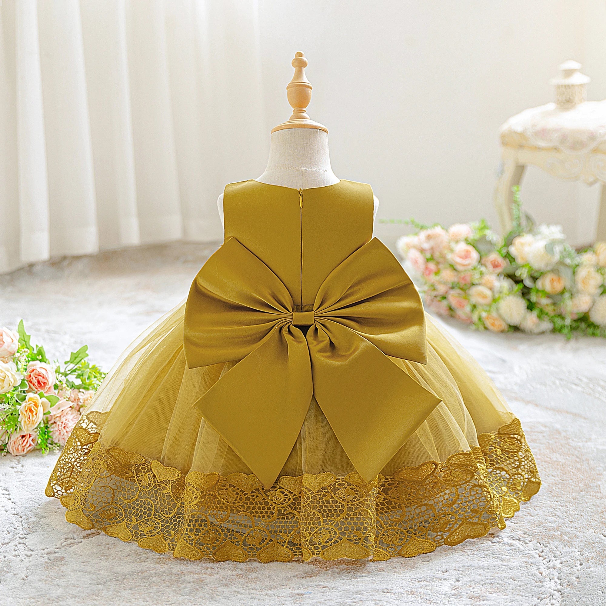 Toddler Flower Baby Wedding Princess Girls Dress Elegant Tulle Bridesmaids 1st Birthday Party Dresses Baby Bow Baptism Costumes