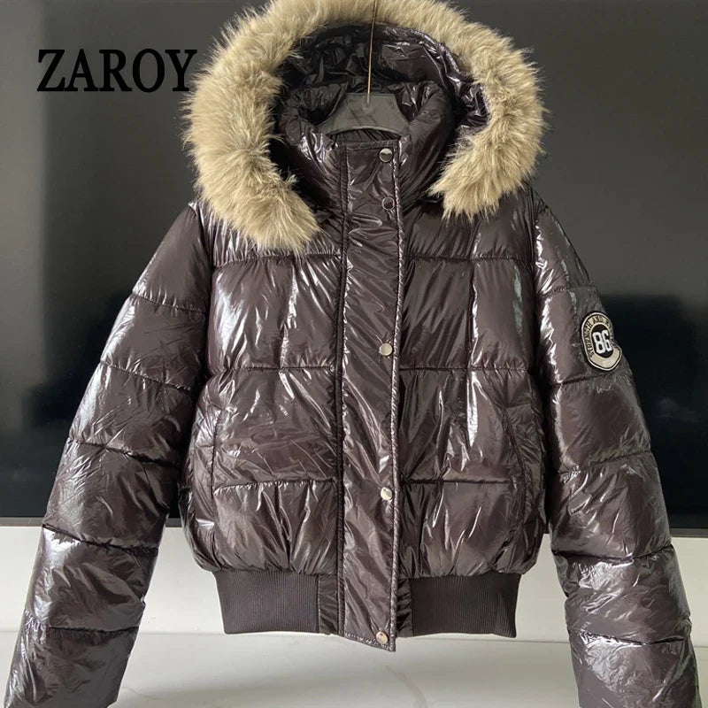 Russian Winter Warm Faux Fur Hooded Quilted Puffer Jacket Women Y2K Retro Padded Short Coat Casual Parka Glossy Outerwear куртка