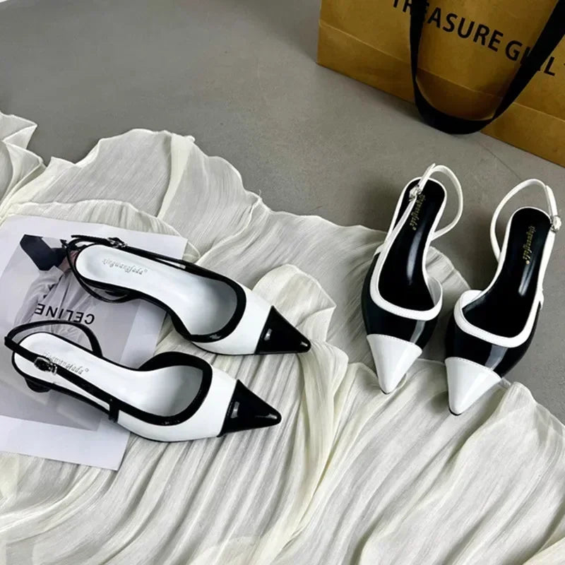 Designer Black White Mixed Color Low Heeled Sandals Women Sexy Pointed Toe Slingbacks Chunky High Heels for Women Elegant Heels