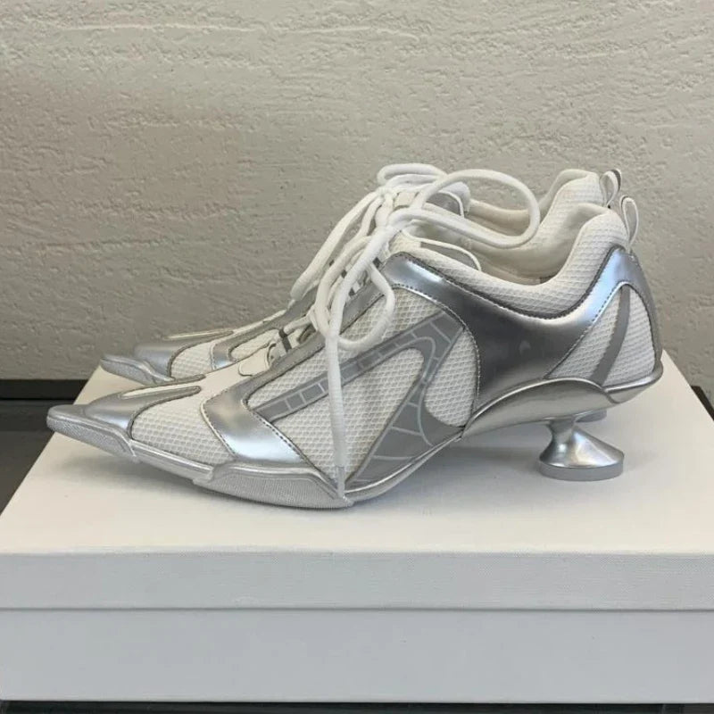 Silver Lace-up Sports Heels Women Fashions Pointed Toe Strange Style Mesh Sneakers Elegant Punk Shoes Female Luxury Brands Pumps