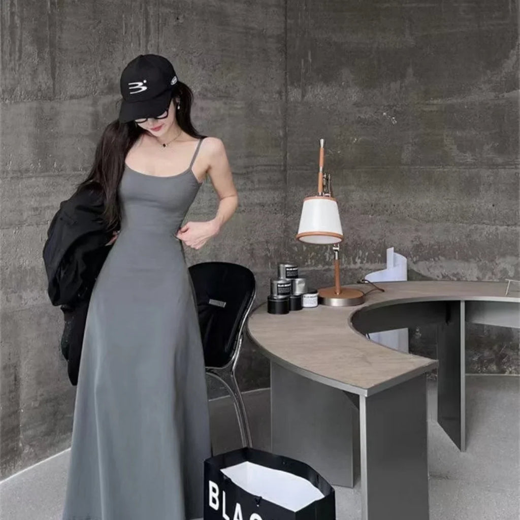 Summer new fashion simple temperament sling long backless slim waist sexy sweet hot girl casual dress women's clothing