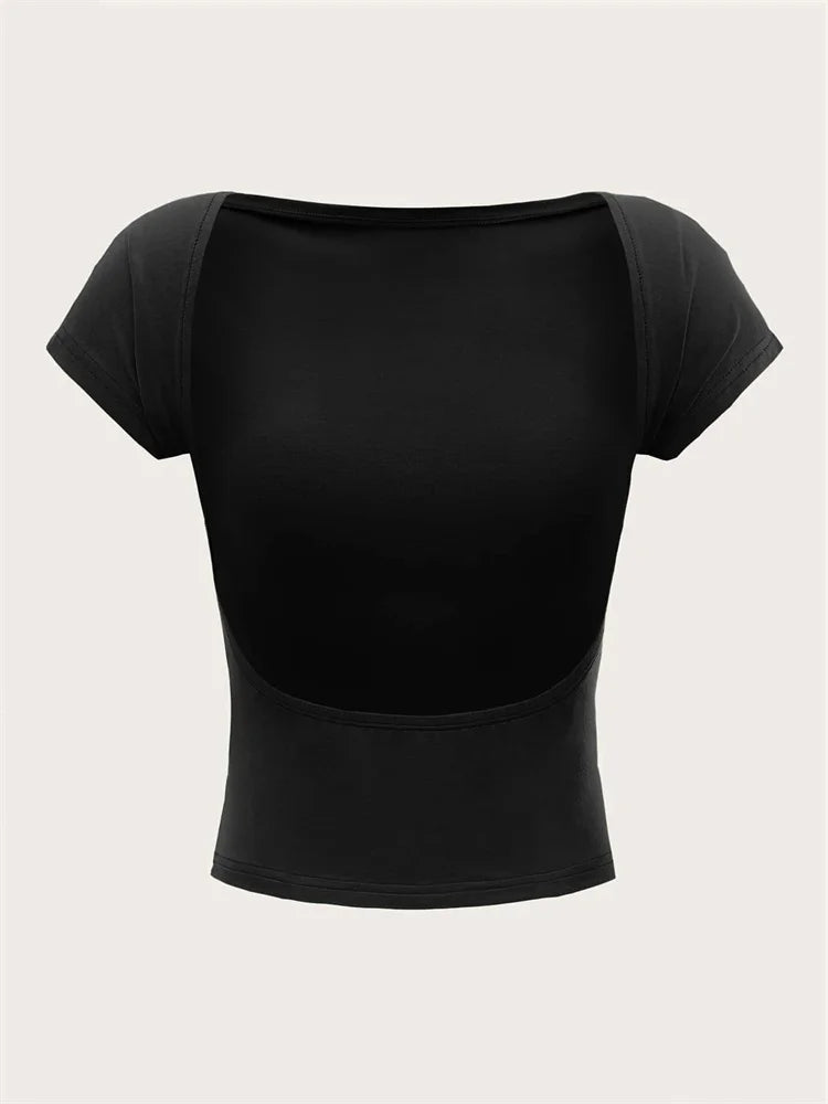 Women's O-neck Backless T-shirt Short Sleeve Solid Color Crop Top Summer Cute Baby Tee Y2K Clothes Bodycon Tunics Fashion Tank
