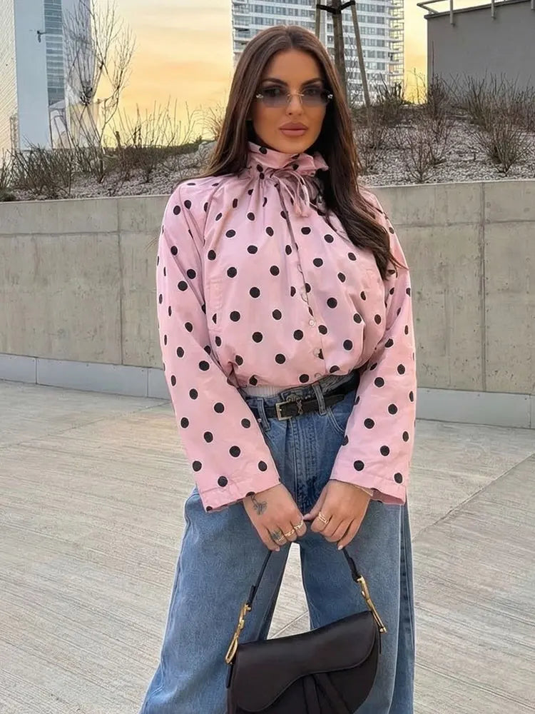 HH Women Elegant Fashion Polka Dot Pink Jacket Single Breasted High Collar Drawstring Coat Spring Lady Trend Street Outwear
