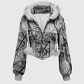 Winter Warm Gothic Print Hoodie Women's Clothin Faux Fur Crop Top Zip-Up Sweatshirt Fashion Y2K Streetwear Hooded Jacket 2026New