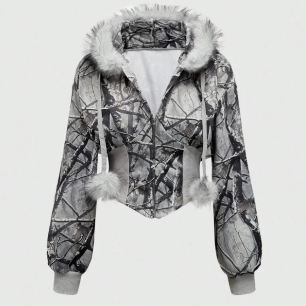 Winter Warm Gothic Print Hoodie Women's Clothin Faux Fur Crop Top Zip-Up Sweatshirt Fashion Y2K Streetwear Hooded Jacket 2026New
