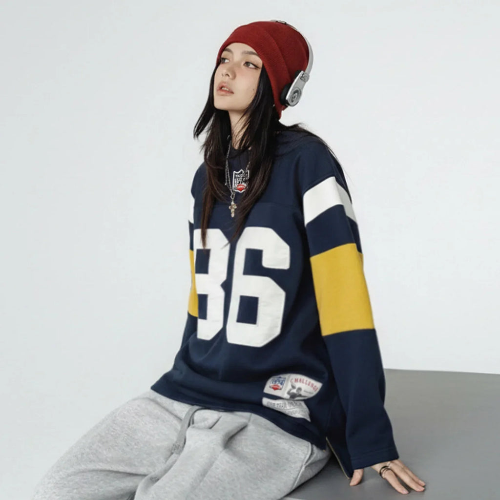 Maden Women’s Retro Embroidered Rugby Pullover Sweatshirt Mid-length Baggy Thick Outerwear Cozy Spring Fall Female Top