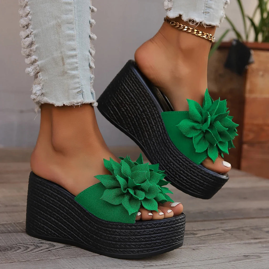 Women Platform Slippers 2024 New Summer Beach Wedges Sandals Fashion Flower Casual Slippers Women High Heel Slippers Women