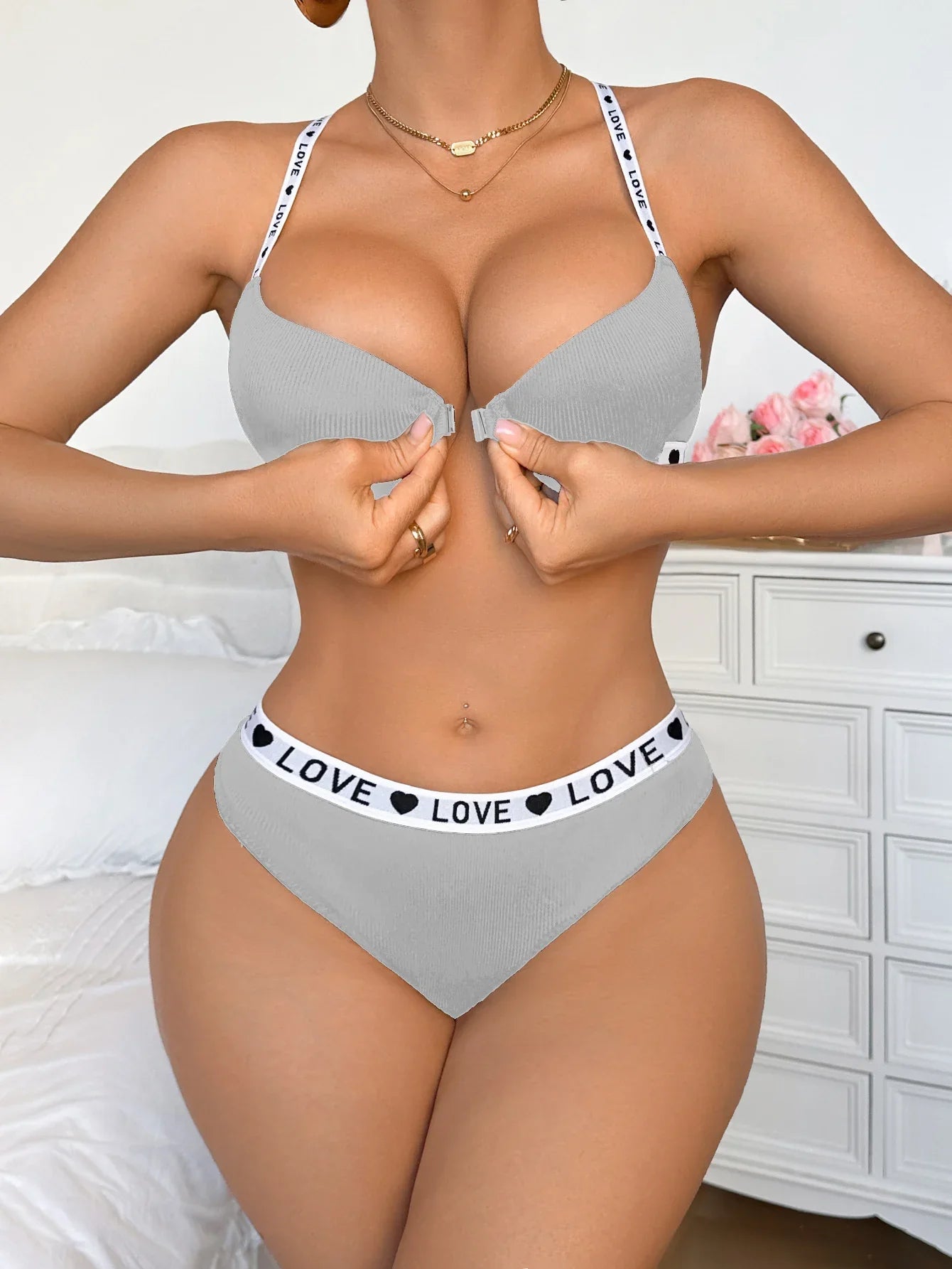 New Ribbed Women's Underwear Set Letter Strap Underwear Front-Clasp Push-Up Bra Comfy Daily Female Bra Set