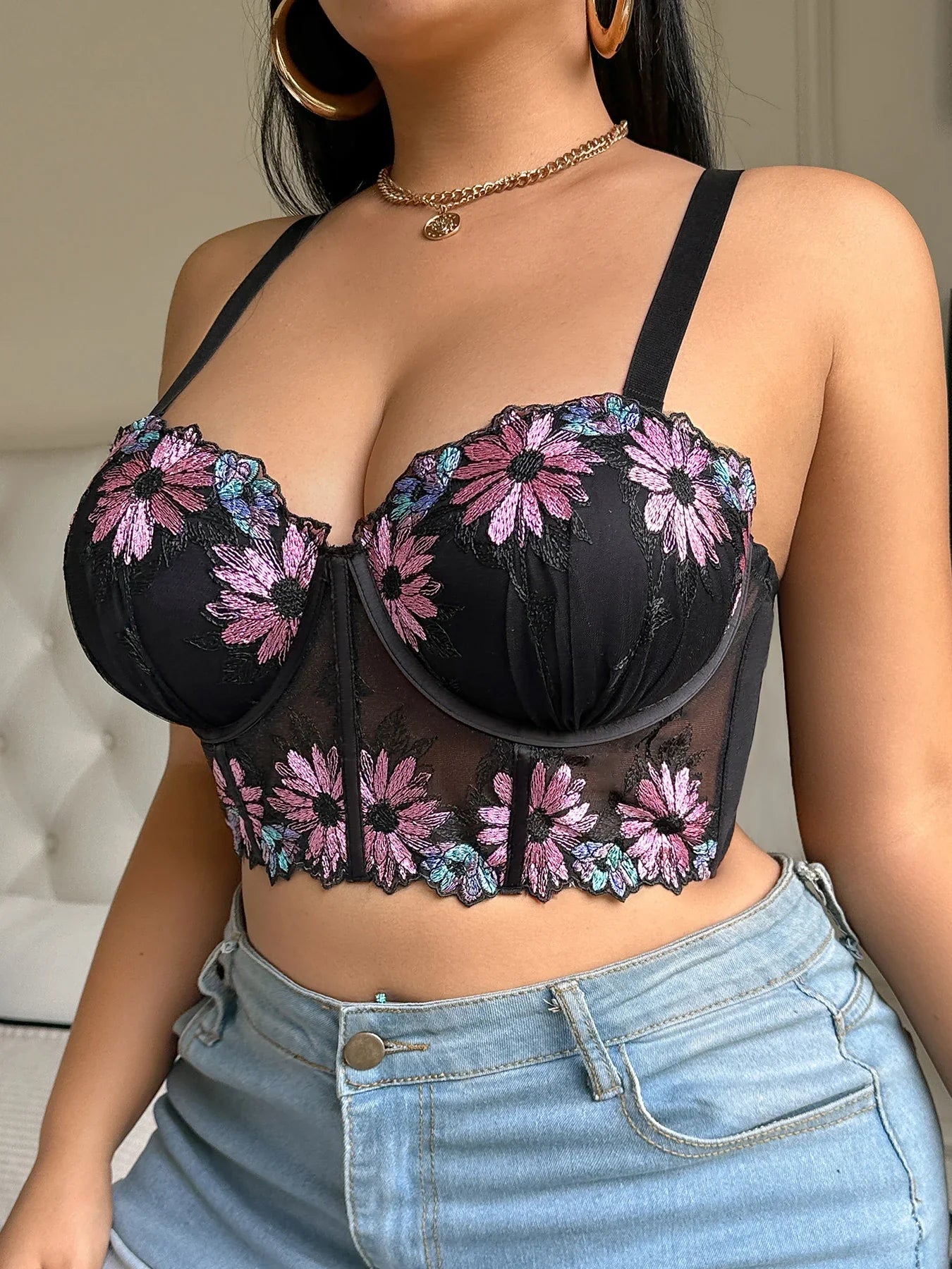 Plus Size Women Bra Floral Lace Patchwork Embroidery Thin Cup Push up Bra Comfortable Underwire Shapewear Bra for Women